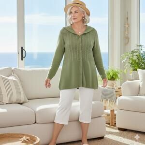Vintage 2005 CJ Banks 2X Sage Green Cable Knit Cardigan Sweater Collared Cotton